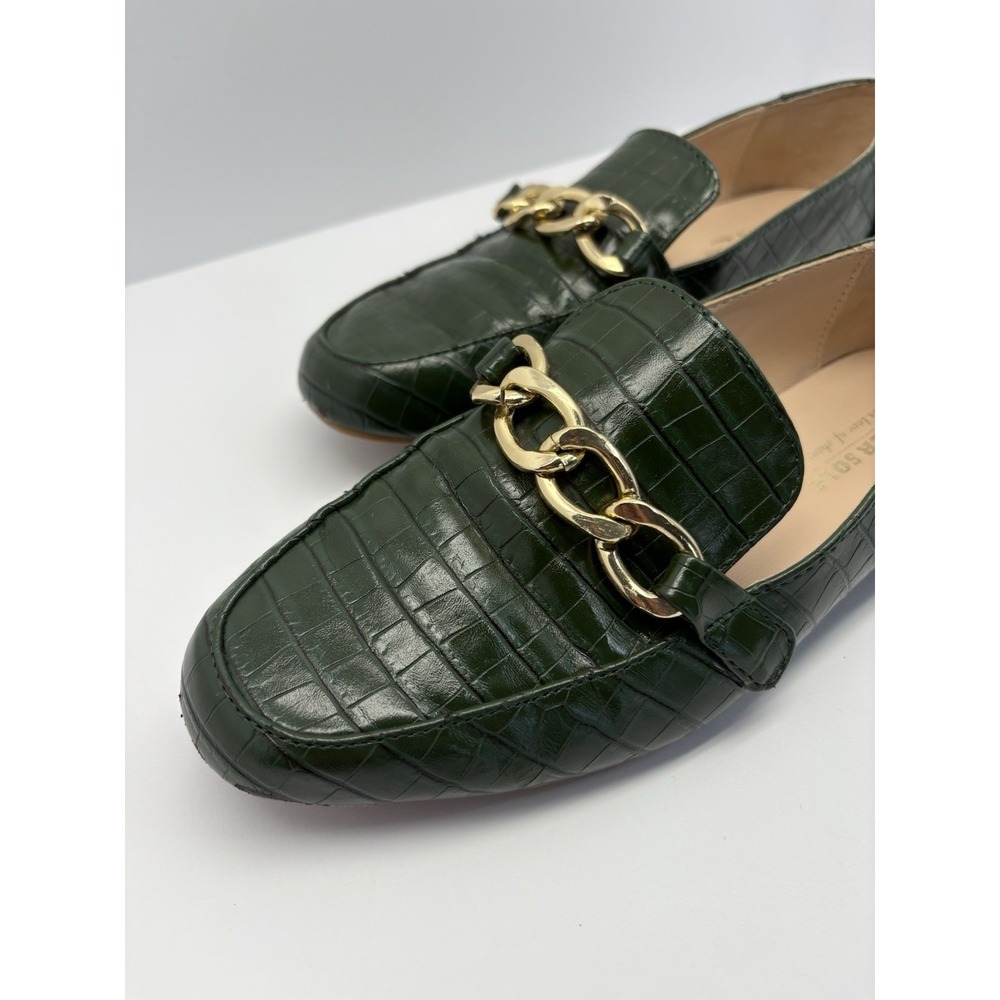 Dark Green Croc-effect Leather Women's Loafers Gold Toned Chain Detail Size 7.5